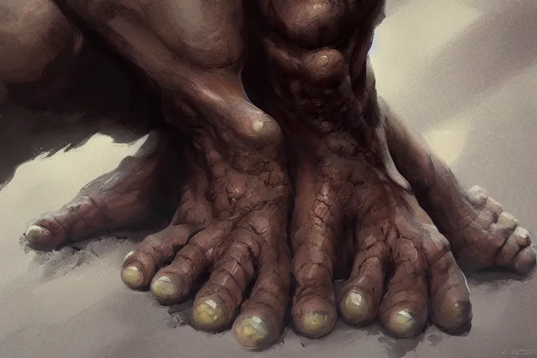 Image similar to close-up of feet of an ogre, dirty nails, concept art in style of Greg Rutkowski, painted by Frank Frazetta, trending on artstation