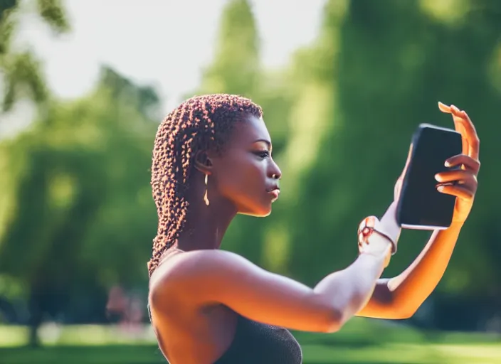 Image similar to photo still of a bronze statue of a woman using an iphone to take a selfie in a park on a bright sunny day, 8 k 8 5 mm f 1 6