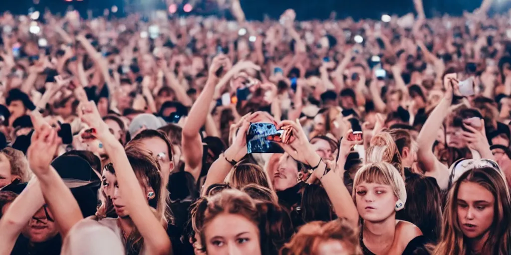 Image similar to a lonely!! girl!! on her phone in the middle of the crowd at a huge concert