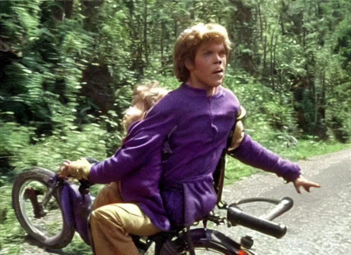 Image similar to film still of thanos riding a small childrens bike down a steep mountain road in the goonies 1 9 8 5