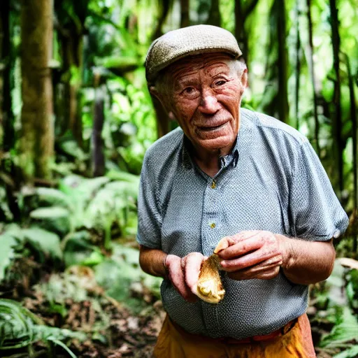 Image similar to an elderly man eating a mushroom in lush tropical jungle, 🍄, canon eos r 3, f / 1. 4, iso 2 0 0, 1 / 1 6 0 s, 8 k, raw, unedited, symmetrical balance, in - frame