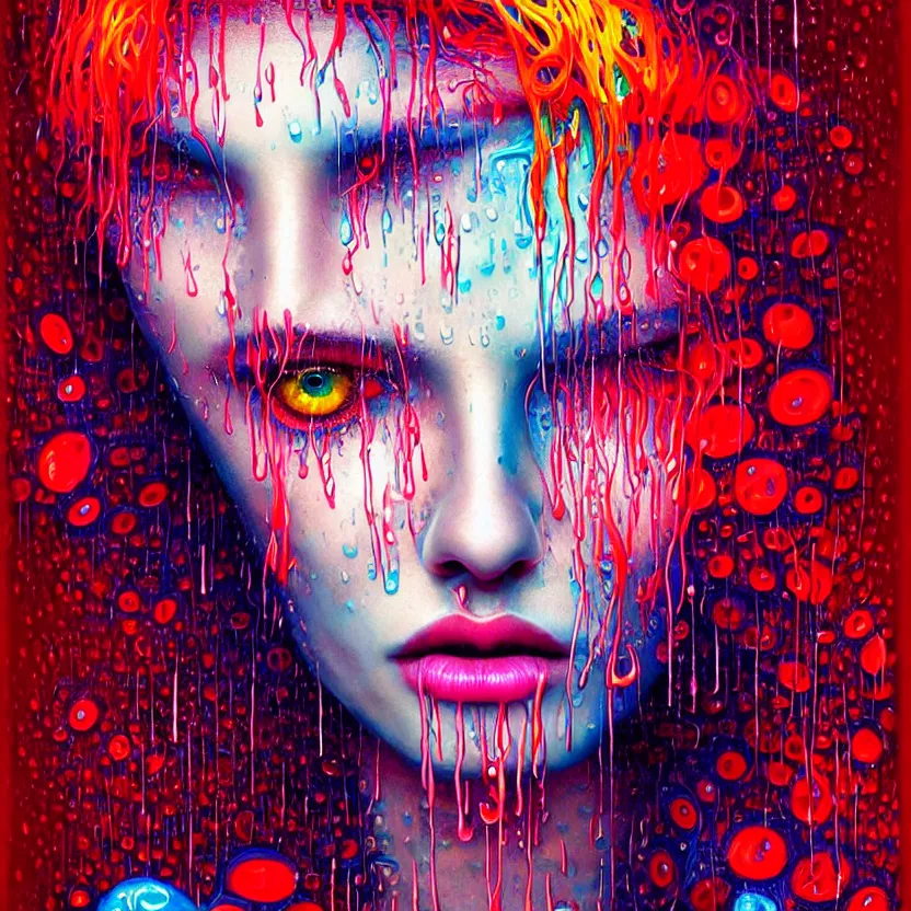 Image similar to bright asthetic portrait of LSD in rain with wet hair and face, liquid, fantasy, intricate, elegant, dramatic lighting, highly detailed, lifelike, photorealistic, digital painting, artstation, illustration, concept art, smooth, sharp focus, art by John Collier and Albert Aublet and Krenz Cushart and Artem Demura and Alphonse Mucha