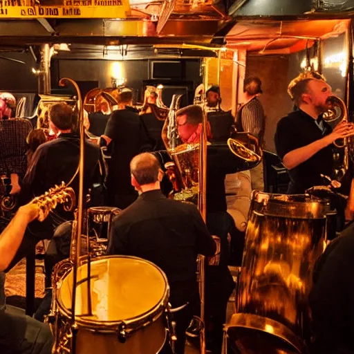 Image similar to architects watch a jazz band play in a crowded underground bar, photorealistic, 8k