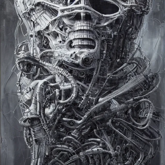 Prompt: robot artist painting a self - portrait on a canvas. intricate, highly detailed, digital matte painting in the style of h. r. giger. irony, recursion, inspiration.