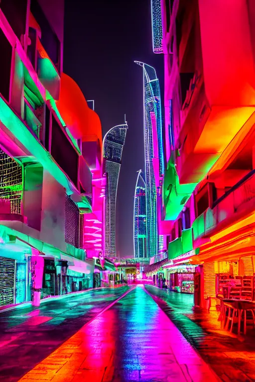 Prompt: neon streets of dubai, 4 k, award winning photo