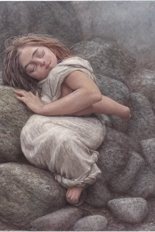 Prompt: peasant girl sleeping in a baby Pose on a stone in a foggy forest, high-key lightning, realistic, aesthetic, sad atmosphere, neutral colors, detailed illustration, oil on canvas by Steve Hanks