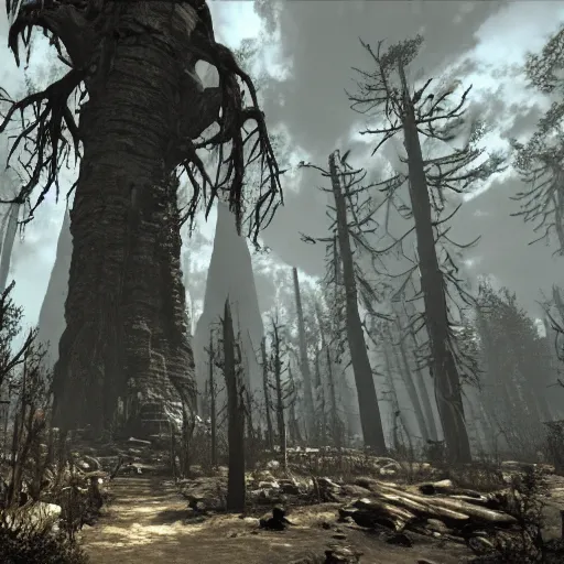 Prompt: mammoth tree forest in ruins post - nuclear war in fallout 4, in game screenshot