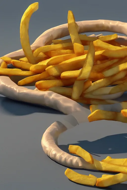 Image similar to a very detailed 3d rendered snake eating french fries in a mc donalds commercial, 4k sharp, 3d render , cinema4d by Beeple and pixar
