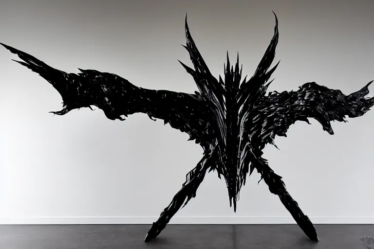 Prompt: ASYMMETRICAL irregular brutalist black-metal winged sculpture made of glossy black liquid latex and industrial hardware, sharp irregular spiraling wings, long sharp jagged spidery edges, resembles a black metal logo, designed by nancy grossman, anish kapoor, herman nitsch, 8k, hyperrealistic, hyper-detailed, highly textured, gloss finish, dark volumetric lighting