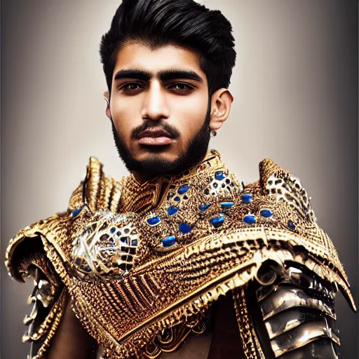 Prompt: a portrait of a beautiful young pakistani male wearing an alexander mcqueen armor , photographed by andrew thomas huang, artistic