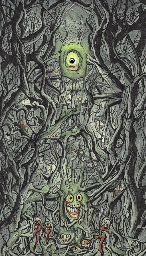 Image similar to a storm vortex made of many demonic eyes and teeth over a forest, by raymond briggs