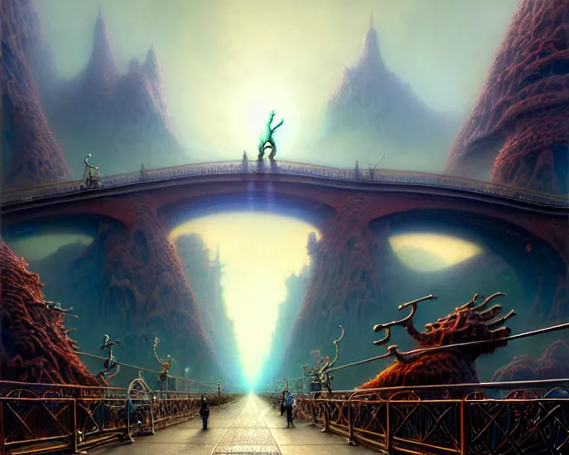 Image similar to street view of a bridge being held up by two hands, fantasy landscape made of fractals facing each other, ultra realistic, wide angle, intricate details, the fifth element artifacts, highly detailed by peter mohrbacher, hajime sorayama, wayne barlowe, boris vallejo, aaron horkey, gaston bussiere, craig mullins