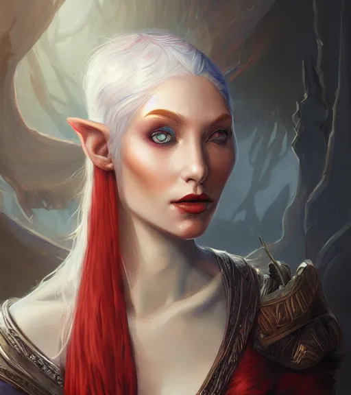 Image similar to A detailed matte oil on canvas head on symmetrical portrait of a distinguished elven woman with red and blue hair by Charlie bowater and lise deharme wlop, trending on artstationhd, dungeons and dragons art critical role