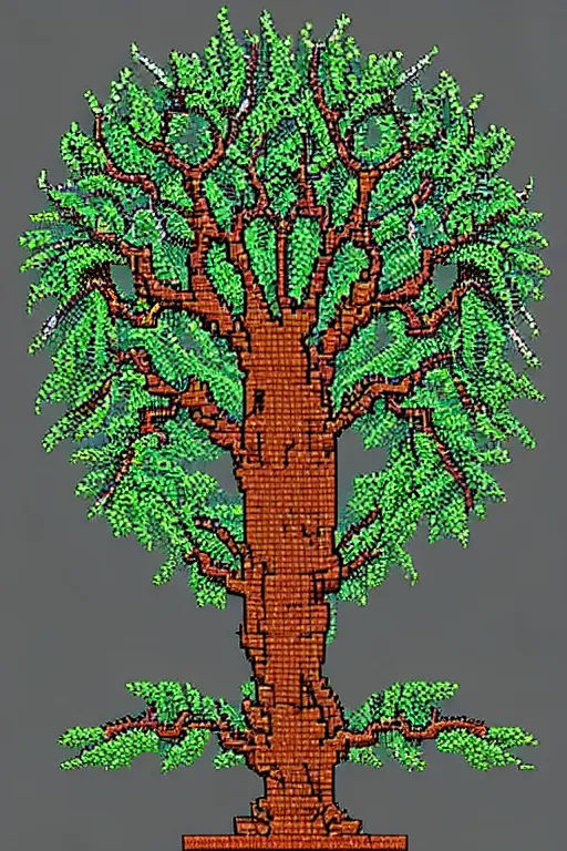 Prompt: a tree, pixel art, intricate, elegant, highly detailed, smooth, sharp focus, artstation