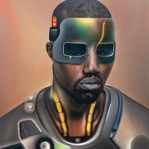 Image similar to a realistic oil painting of a cybernetic kanye west cyborg, surrealism portrait, post apocalyptic album cover