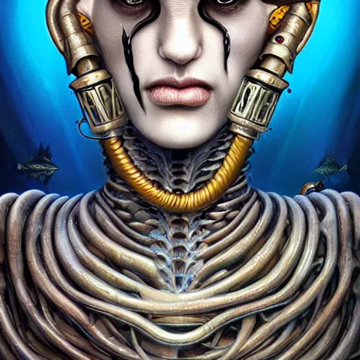 Prompt: underwater naga steampunk giger portrait, Pixar style, by Tristan Eaton Stanley Artgerm and Tom Bagshaw.