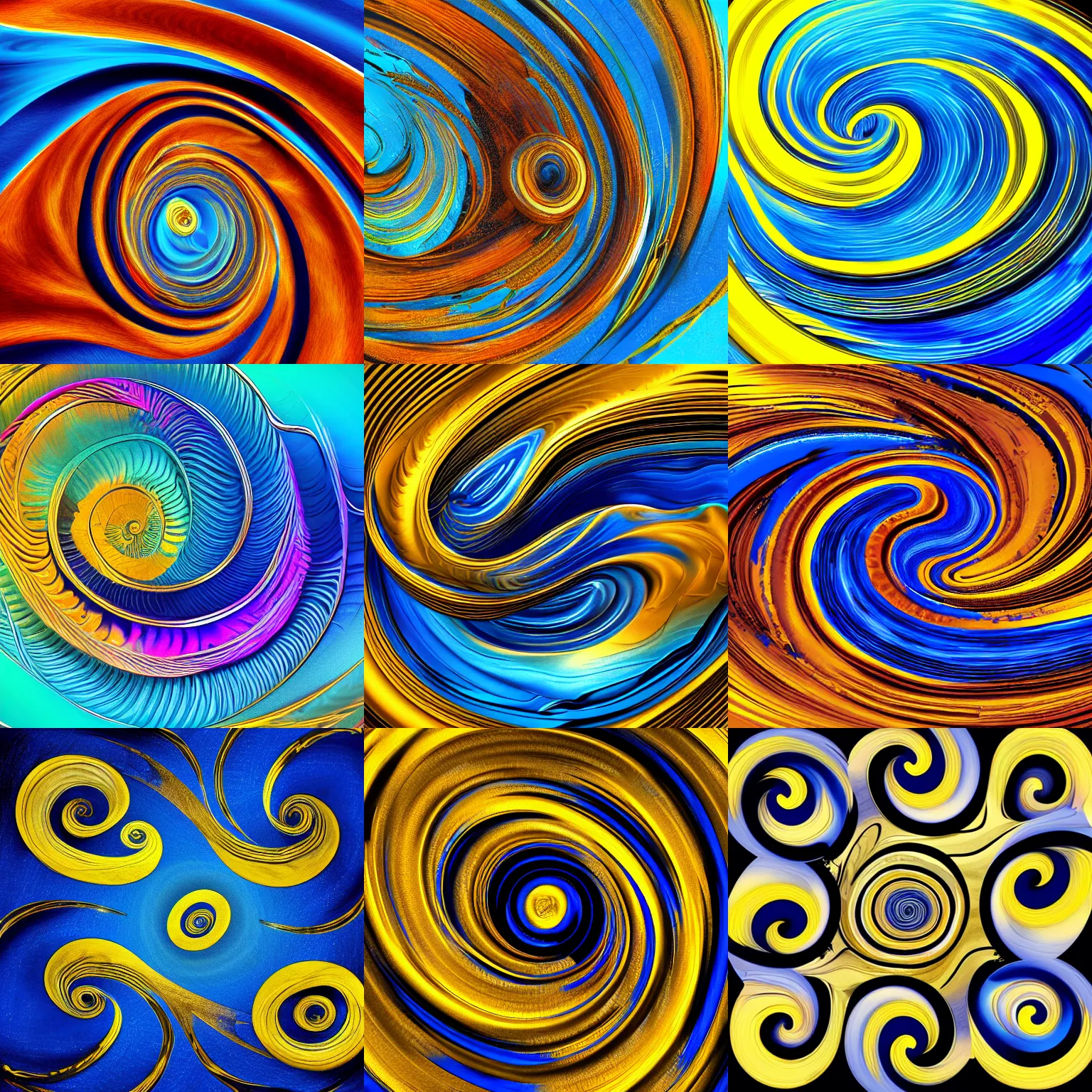 Prompt: flux, fluid, ink, swirl, whorl, spirals, scrolls, gold and blue. digital painting, hd, 4 k, smooth.