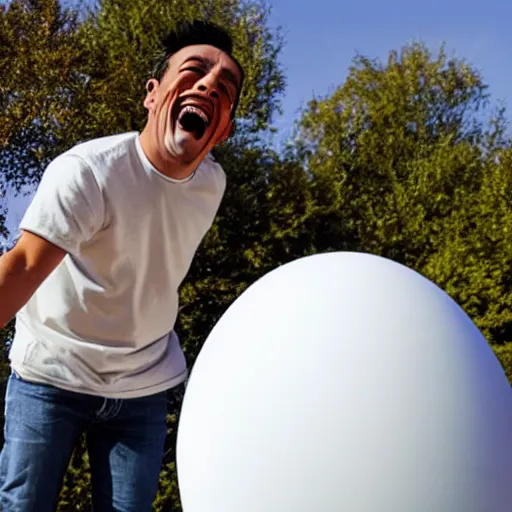 Image similar to a man laughing at a giant egg, in the future, in the style of Bansky