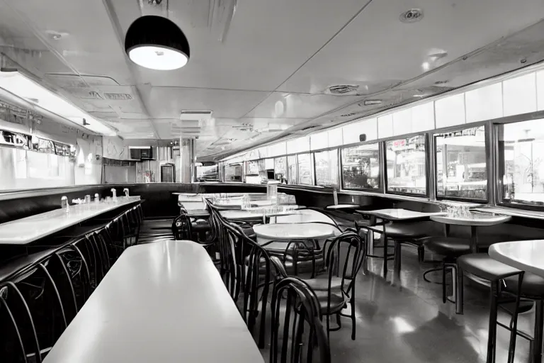 Image similar to 2001 y2k diner, extending forever into the infinite horizon 85mm f/11 interior photography two point perspective