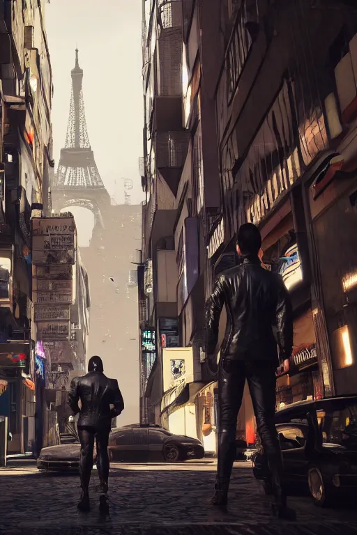 Image similar to in the foreground a Parisian street, in the background a dark-haired man from behind wearing a long matrix style jacket and starting to fly away, realistic, high definition, great detail, dramatic scene, detailed and realistic hands, symmetrical face, realistic eyes, cyberpunk art 2077