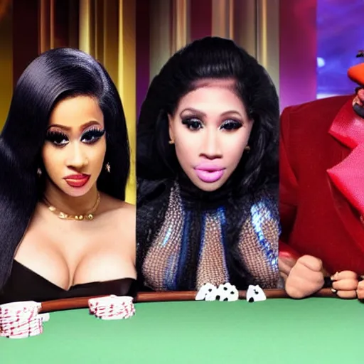 Prompt: cardi b, nicki minaj, donald duck all sitting at a poker table together, ultra realistic, live action, iphone photo