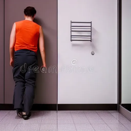 Image similar to man with agonizing face paces past bathroom stall, diarrhea, IBS, stock photo, istockphoto, 4k