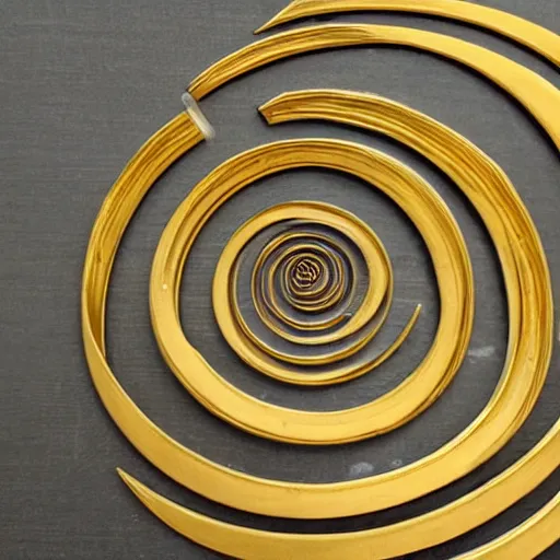 Image similar to 5 concentric arcs made out of gold arranged in a spiral