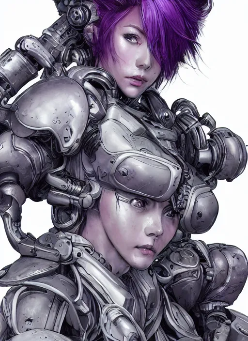Prompt: close up portrait of a pale woman in sci - fi power armor with purple hair, powerful, domineering, stoic, masterful, intense, ultrafine hyperdetailed illustration by kim jung gi, irakli nadar, intricate linework, sharp focus, octopath traveler, yoji shinkawa, highly rendered, detailed, concept art, intricate environment