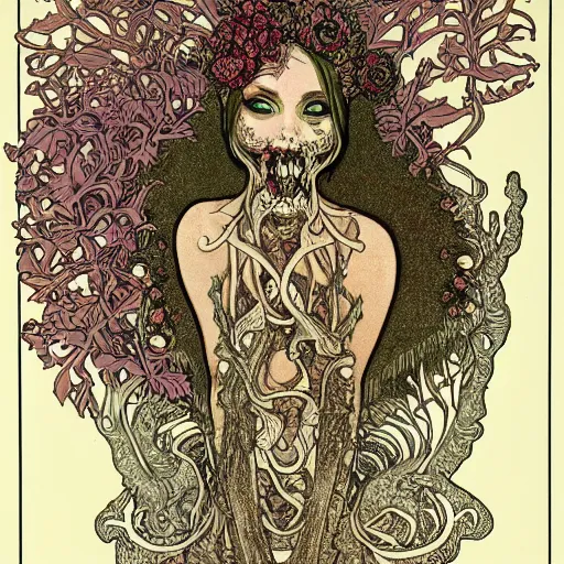 Image similar to a beautiful detailed front view portrait of a rotten woman corpse with fractal plants and fractal flowers and mushrooms growing around, symmetrical, ornate, ornamentation, illustration, in the style of art nouveau, mucha