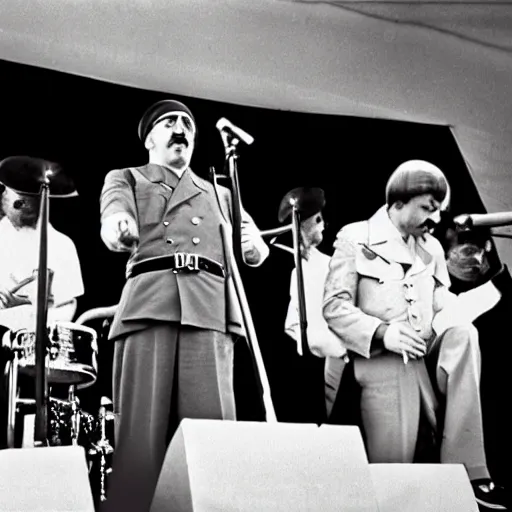 Image similar to A still of Hitler performing in a 1970s funk band, colour photography