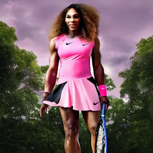 Prompt: Serena Williams as the Nike Goddess of Victory in pink clouds