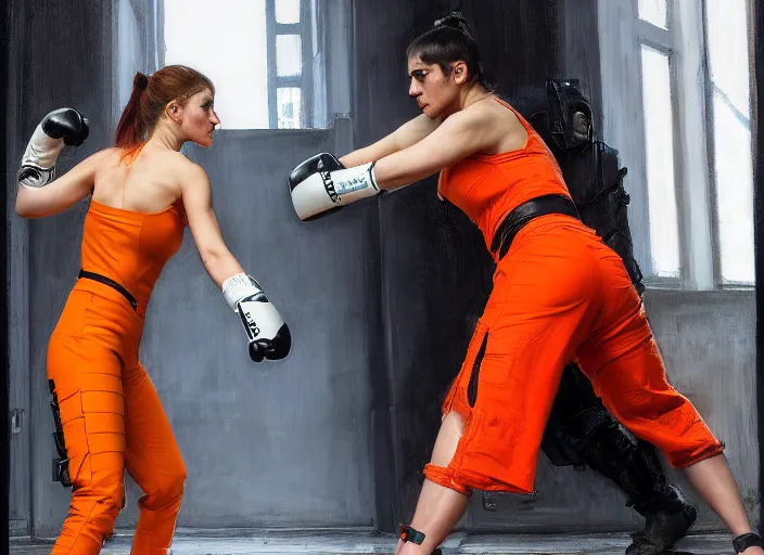 Image similar to Maria fights sgt Nash. Cyberpunk hacker in orange jumpsuit fighting menacing police troopers (blade runner 2049). beautiful face. kickboxing. Orientalist portrait by john william waterhouse and James Gurney and Theodore Ralli and Nasreddine Dinet, oil on canvas. Cinematic, hyper realism, realistic proportions, dramatic lighting, high detail 4k