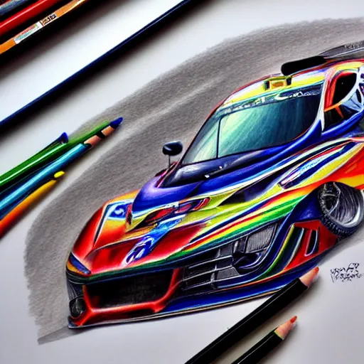 Image similar to Colored pencil art on paper, Race Car, highly detailed, artstation, MasterPiece, Award-Winning, Caran d'Ache Luminance