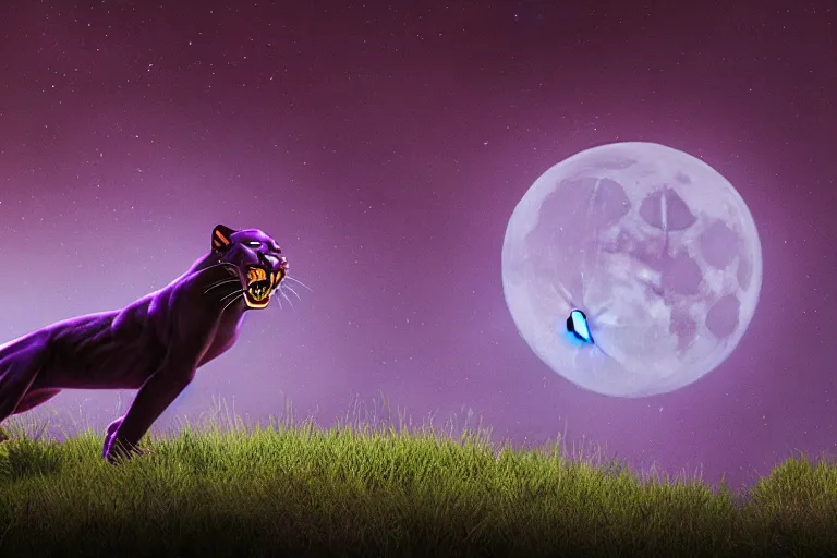 Image similar to a purple panther roaring at the moon in a forest during the night, large moon in the center. trending on artstation. cinematic. photoreal. dark colors. night.