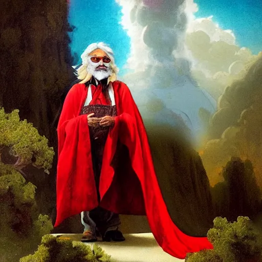 Image similar to stoner King Tommy Chong wears a doublet whilst wearing a red velvet cape and marijuana flower calyx trichome crown edward julius detmold jehan choo jeff simpson arkhip kuindzhi raphael lacoste guillem h. pongiluppi grisaille