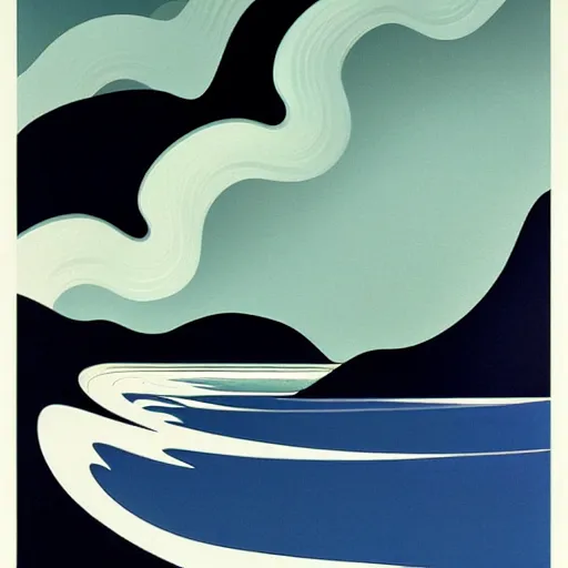 Image similar to waves crashing on the shore, by eyvind earle