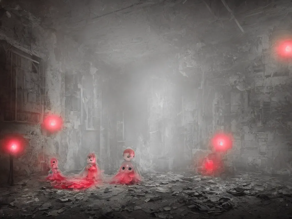 Prompt: cute fumo plush girl ghosts playing in a mysterious concrete wartorn brutalist ruin, ominous bright red lights, chibi gothic maiden in tattered rags, dramatic three point lighting, glowing wisps of hazy smoke and volumetric fog swirling about, vray