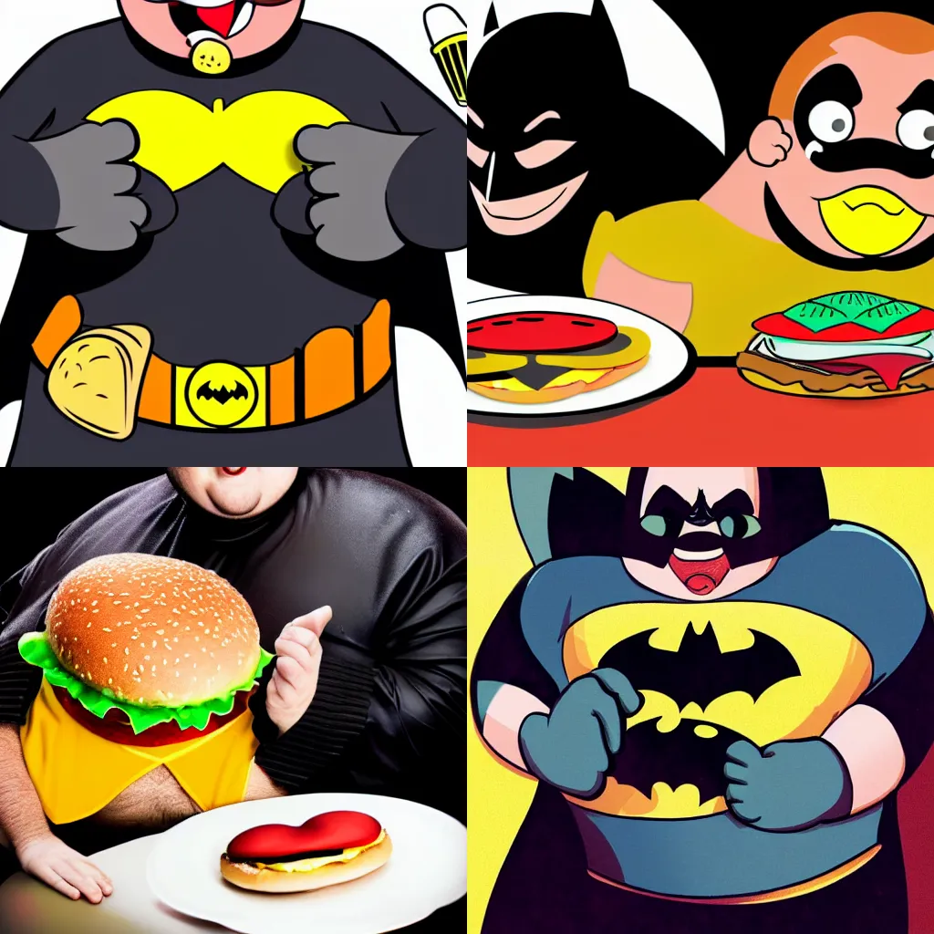 Prompt: obese batman eats a hamburger, stock photo, costume
