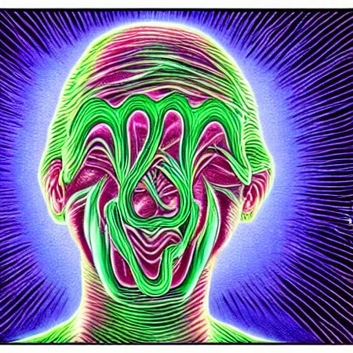 Prompt: A Person Mid Sneeze, in the art style of Alex Grey,