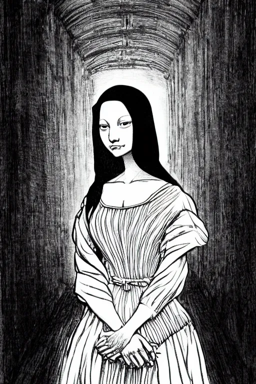 Image similar to beautiful portrait of a woman, negative no not mona lisa pose, highly detailed ink illustration of a dark alley of taipei, b & w clean shaped illustration by kim jung gi, ric estrada, ron english and eiichiro oda