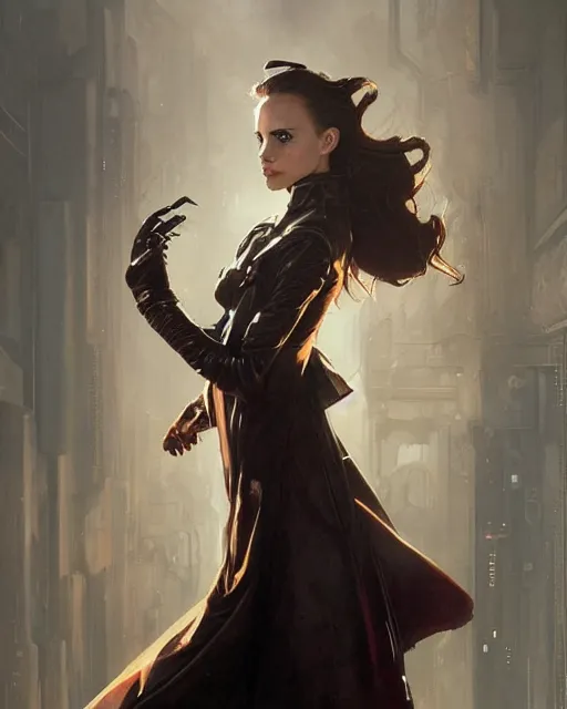 Image similar to beautiful fantasy character portrait, natalie portman, wearing oversized black trench coat, ultra realistic, wide angle, dramatic lighting, vultures, cyberpunk artifacts, highly detailed by peter mohrbacher, hajime sorayama, wayne barlowe, boris vallejo, aaron horkey, gaston bussiere, craig mullins