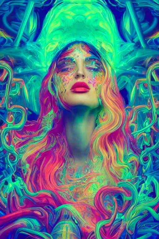 Image similar to a beautiful woman engulfed in colorful liquid clouds and neon smoke, extremely psychedelic experience, psilocybin, dmt, lsd, perfect face, highly detailed, artstation, sharp focus, digital art by hana yata, and artem demura and beeple, lisa frank, alphonse mucha, octane render, unreal engine, 8 k