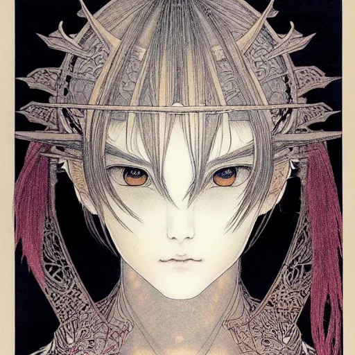 Prompt: prompt: Fragile looking vessel portrait soft light drawn by Takato Yamamoto, inspired by Fables, weapons around the face ancient dark chrome knight armor, magical and alchemical objects on the side, soft light, white background, intricate detail, intricate oil painting detail, sharp high detail, manga and anime 2000
