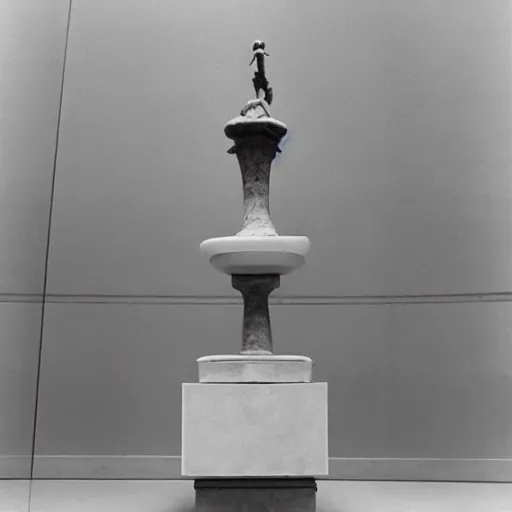 Prompt: Fontaine by Marcel Duchamp on a pedestal in a white empty museum, upside down readymade, courtesy of Centre Pompidou, 35 mm film