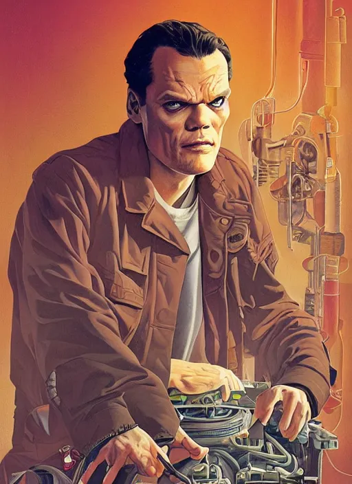 Image similar to poster artwork by Michael Whelan and Tomer Hanuka, Karol Bak of portrait of Michael Shannon!!!! the local mechanic clerk at the auto store, discovering aliens, from Twin Peaks, clean, simple illustration, nostalgic, domestic, full of details