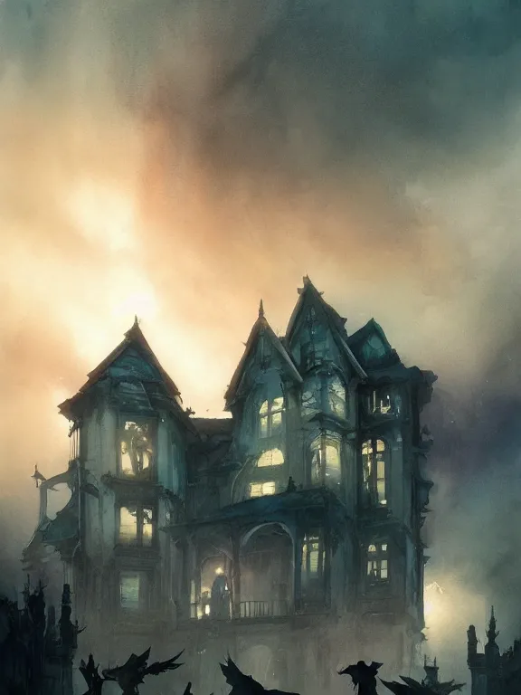 Image similar to a group of urban fantasy adventurers approach a tall and foreboding haunted house at sunset, teal spectral denizens rise from windows, detailed realistic watercolor by greg rutkowski and kwanchai moriya, haunting, ominous, exciting, solemn, lightning study