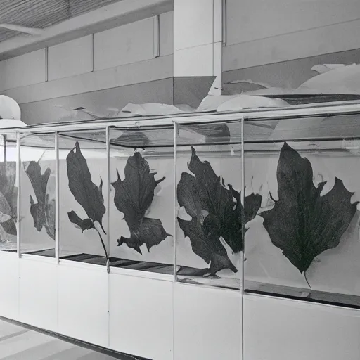 Prompt: spooky creepy liminal space, display case, aquatic exhibition science museum, dried aquarium, leaves, computer screens, backroom stairs going down under water, photo taken on 1 9 8 0 s fujifilm superia