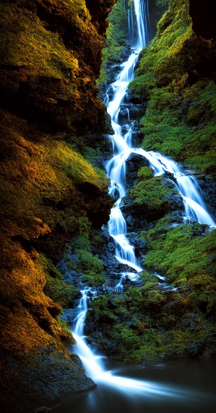 Prompt: highly detailed wide angle profesional photo of a man standing near waterfall from mountains at the time of evening, award winning photography, vibrant cool colors, art by greg rutsowski, concept art, 8 k detail post - processing