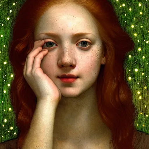 Prompt: portrait of a happy young woman, among the lights of golden fireflies and nature, long loose red hair, intricate details, green eyes, hint of freckles, round gentle face, gorgeous dress, deep focus, smooth, sharp, golden ratio, hyper realistic digital art by artemisia lomi gentileschi and leonardo da vinci and artgerm