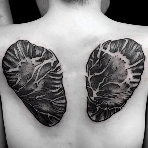 Image similar to tattoo of a pair of lungs turning into ashes, black, gray, white ink, detailed, hyperrealistic trending on artstation